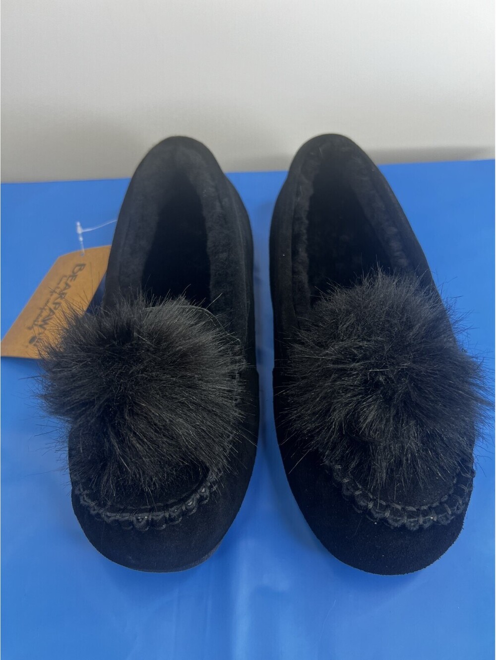 BEARPAW Womens Moccasin Slippers Size 9 Black Suede Fur Pom Pom NWT